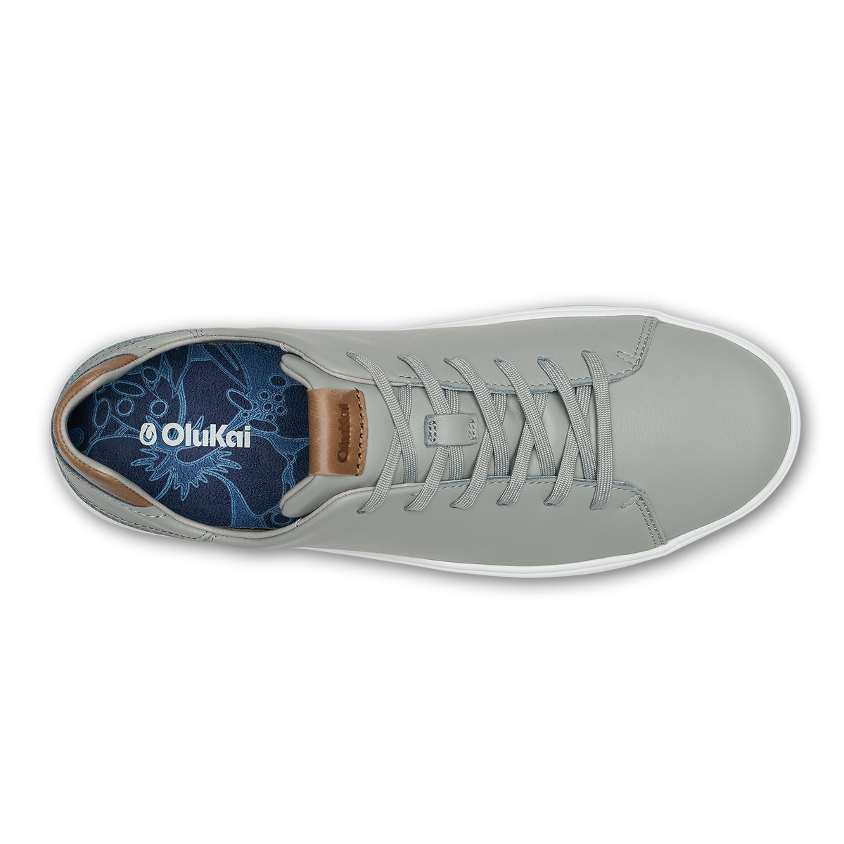 Grey leather high-top sneaker with tan heel patch and white sole, shown from above with navy patterned insole visible.