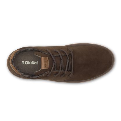 Dark brown suede ankle boot with lace-up front and striped collar lining, viewed from above.