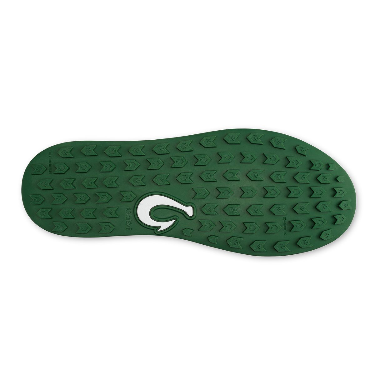 Green sole with arrow-pattern tread and white logo cutout, viewed from bottom.