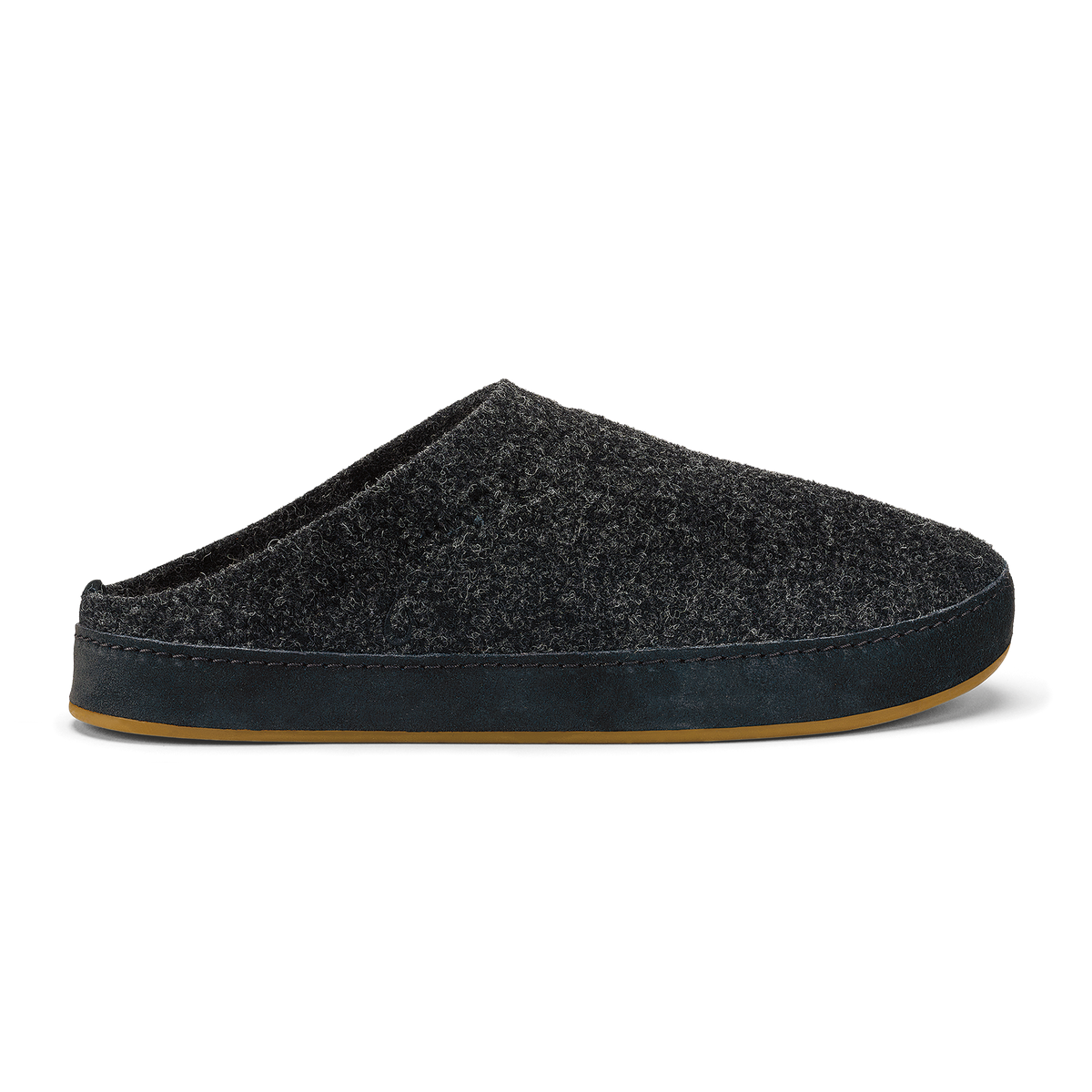 Dark charcoal wool slipper with black suede trim and tan rubber sole.