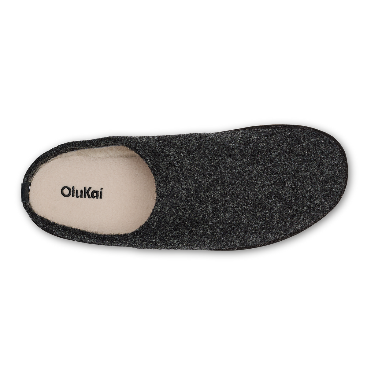 Dark gray wool slipper with cream-colored insole and OluKai branding, shown from above.