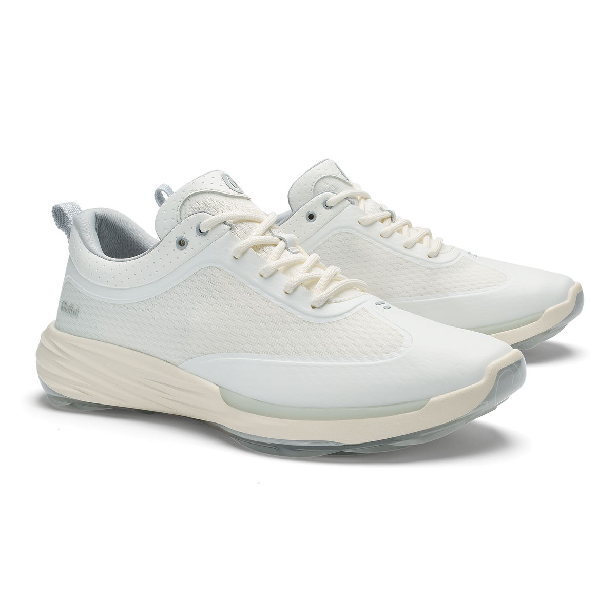 White mesh and leather lace-up running shoes with cream-colored cushioned sole.