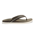Brown and cream thong sandal with textured footbed and white stitched trim on upper strap.