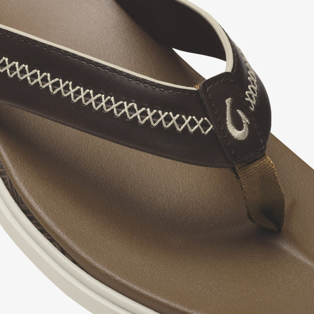 Toffee and dark brown leather flip-flop with contrast stitching and cream sole, shown from above.
