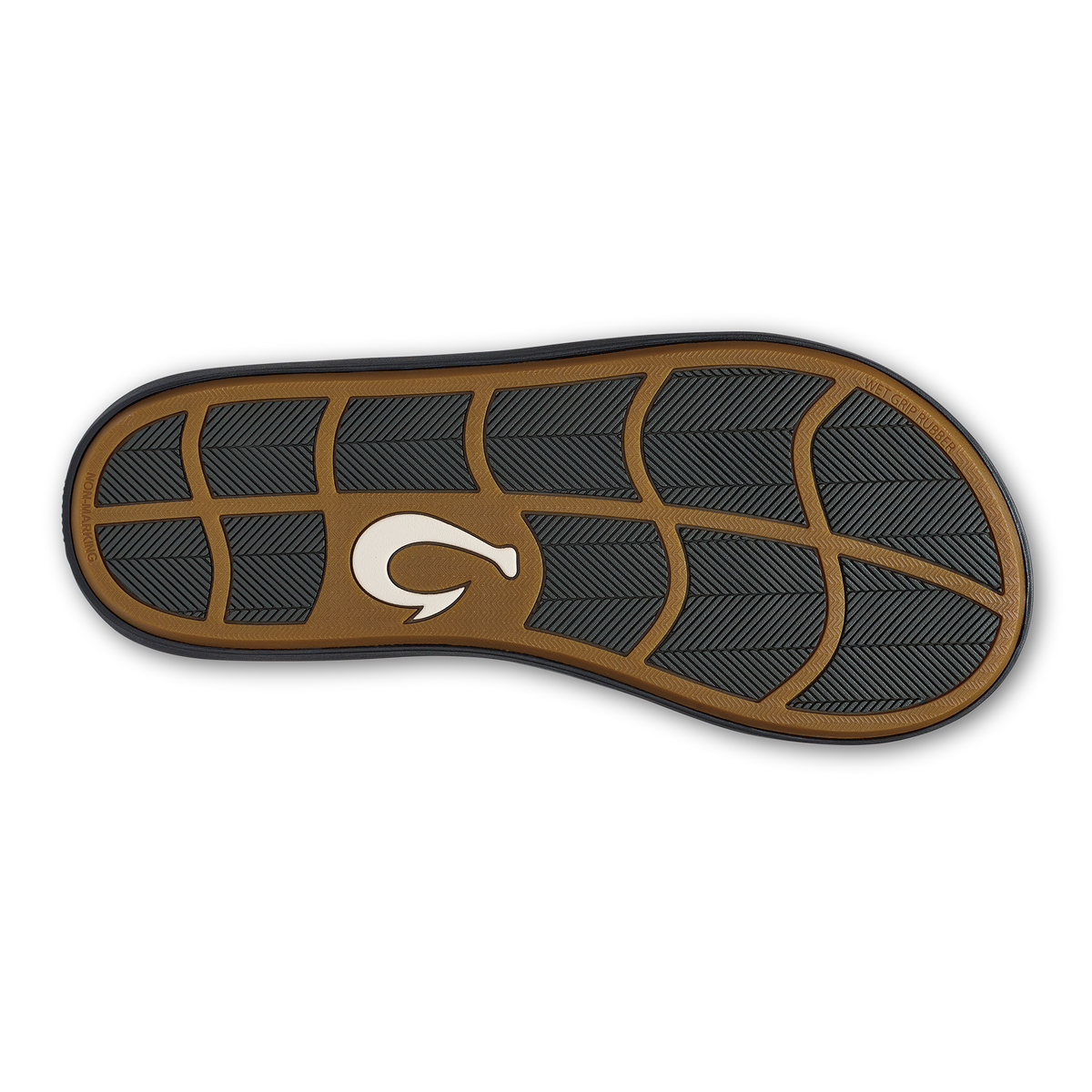 Shoe sole with tan and dark gray geometric pattern and white curved logo in center.