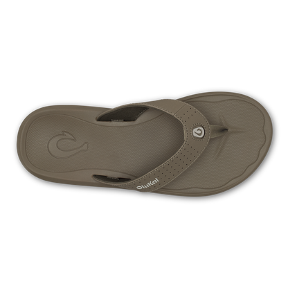 Walnut-colored thong sandal with textured upper strap and perforated toe post, shown from above.