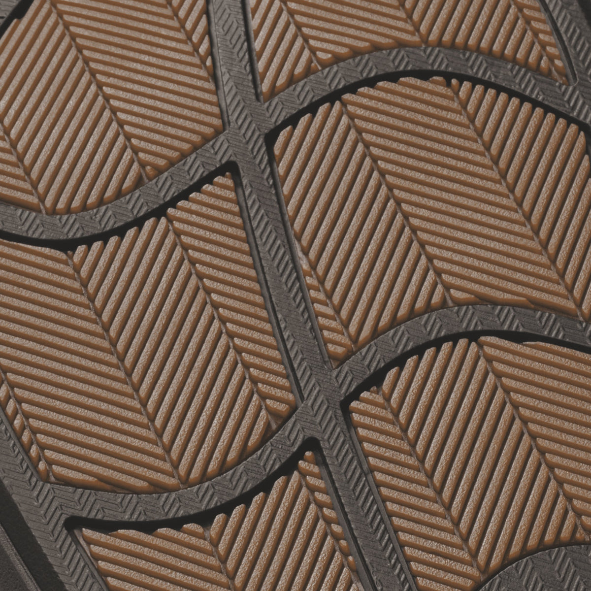 Tan and dark gray leaf-patterned textile with diagonal striped texture and curved vein details.