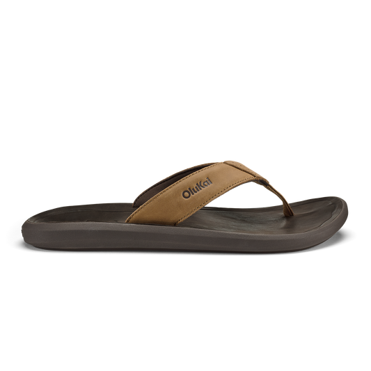 Tan and dark brown flip-flop sandal with thong strap and cushioned sole.