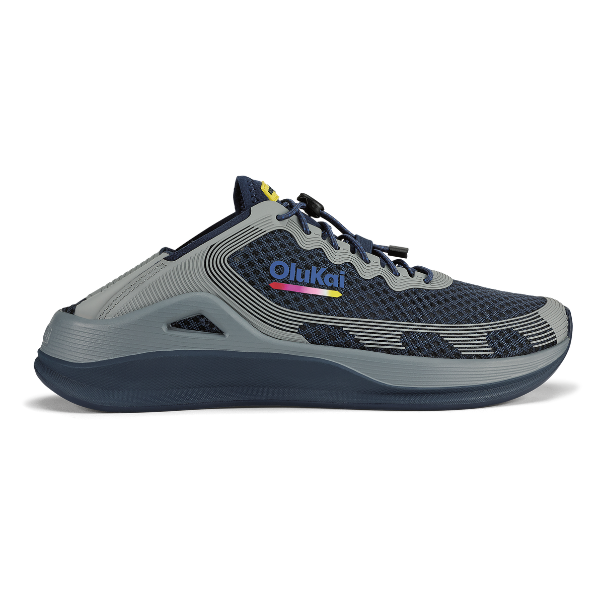 Navy and gray athletic running shoe with colorful Olukai branding and black sole.