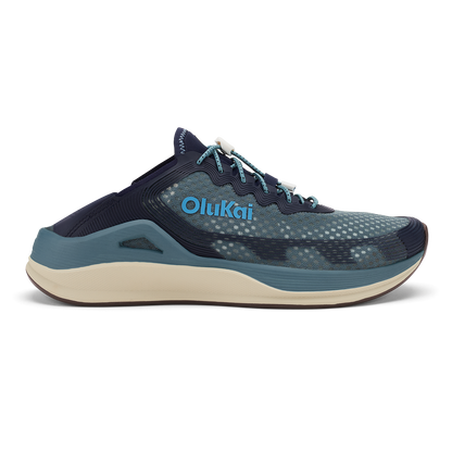 Olukai ʻAhi running shoe in storm blue and trench blue with cream midsole and teal laces.