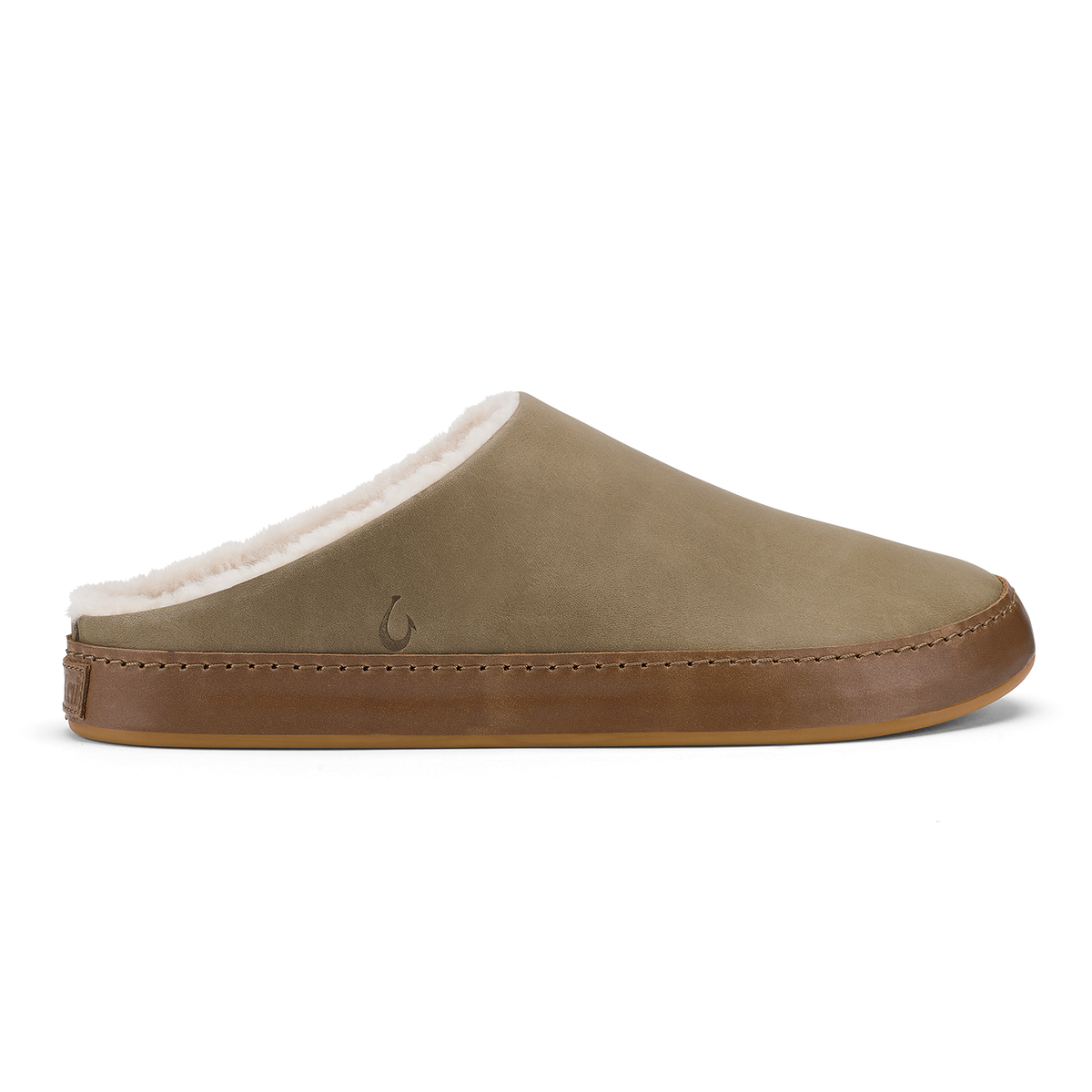 Tan suede slipper with cream sherpa lining and brown leather sole, shown in profile view.