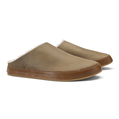 Pair of tan and brown mule slippers with stitched leather trim and rounded toe design.