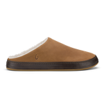 Tan and dark brown suede slipper with white fleece lining and stitched trim.
