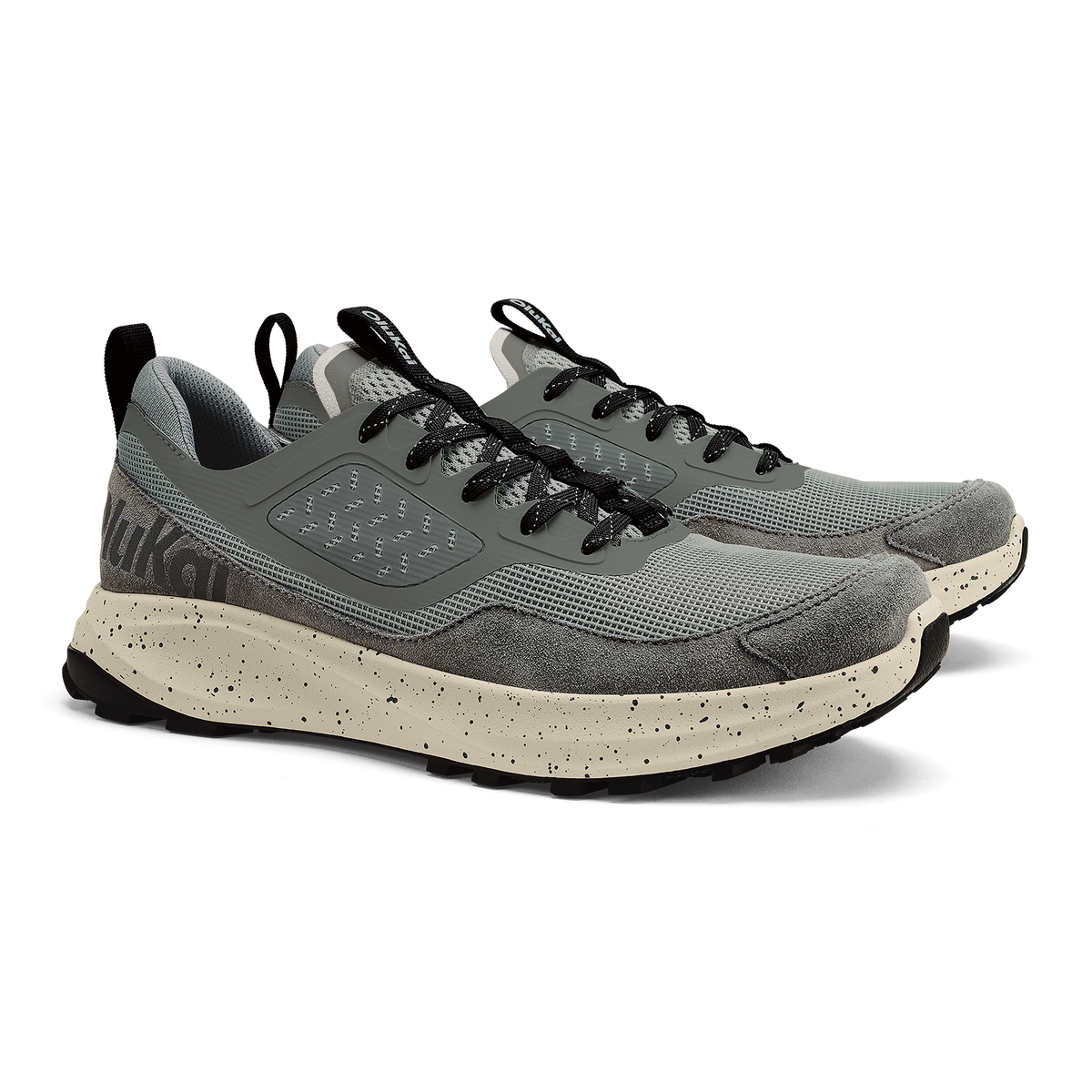 Grey mesh and suede lace-up trail running shoe with speckled cream midsole and black accents.