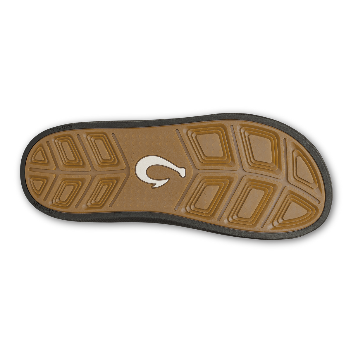 Black sandal sole with tan tread pattern and white logo in center.