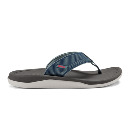 Flip-flop sandal with coastal blue striped upper strap and dark gray footbed with white midsole.