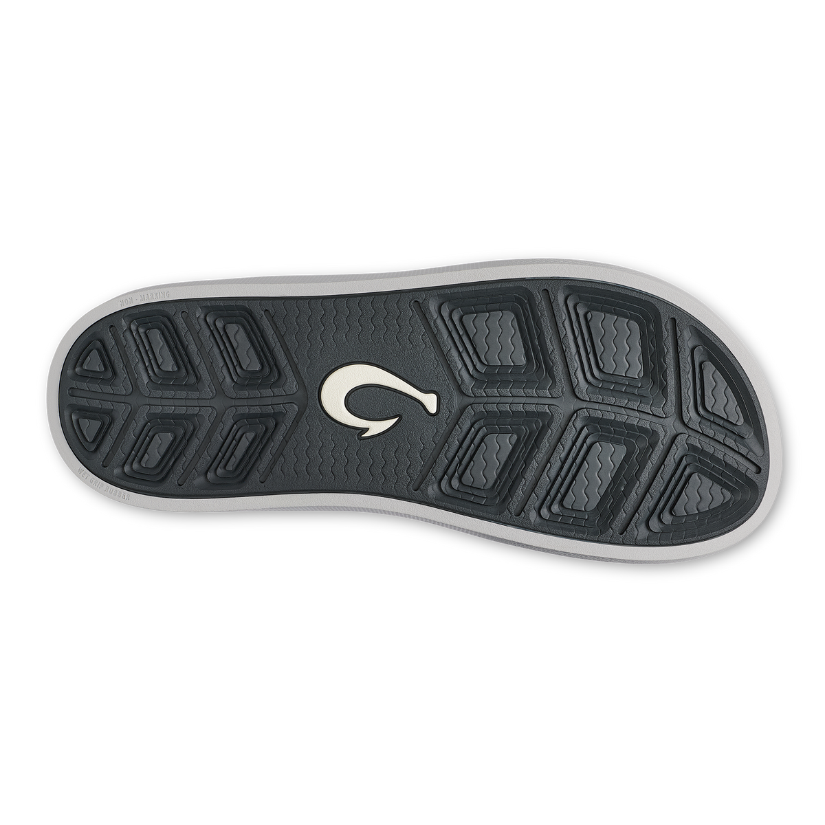 Shoe sole with dark gray tread pattern and white logo, light gray outer edge.