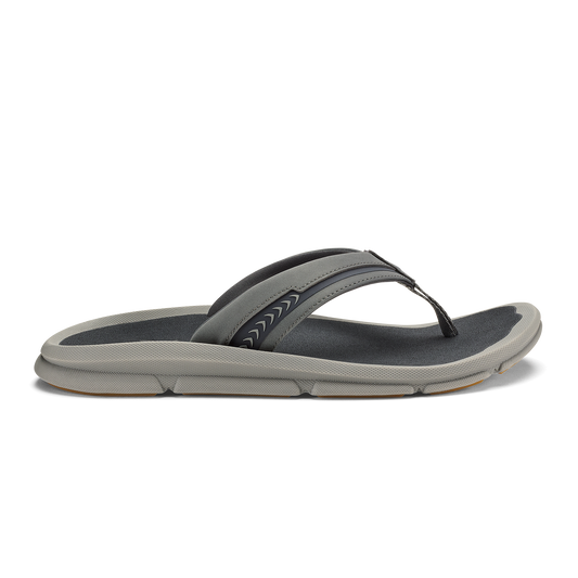 Gray and black thong sandal with cushioned sole and decorative stitching on the upper strap.