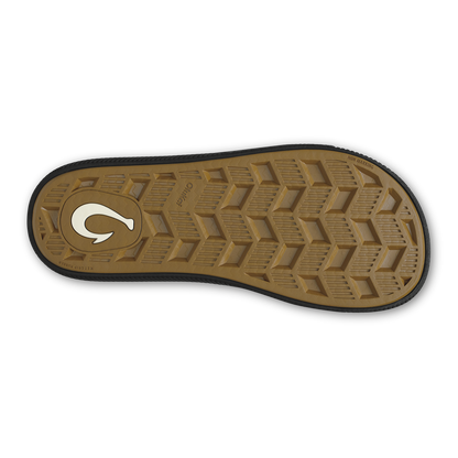 Tan sole with chevron tread pattern and white logo, dark gray-black top edge visible.