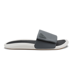 Gray and white slide sandal with padded upper and textured sole.