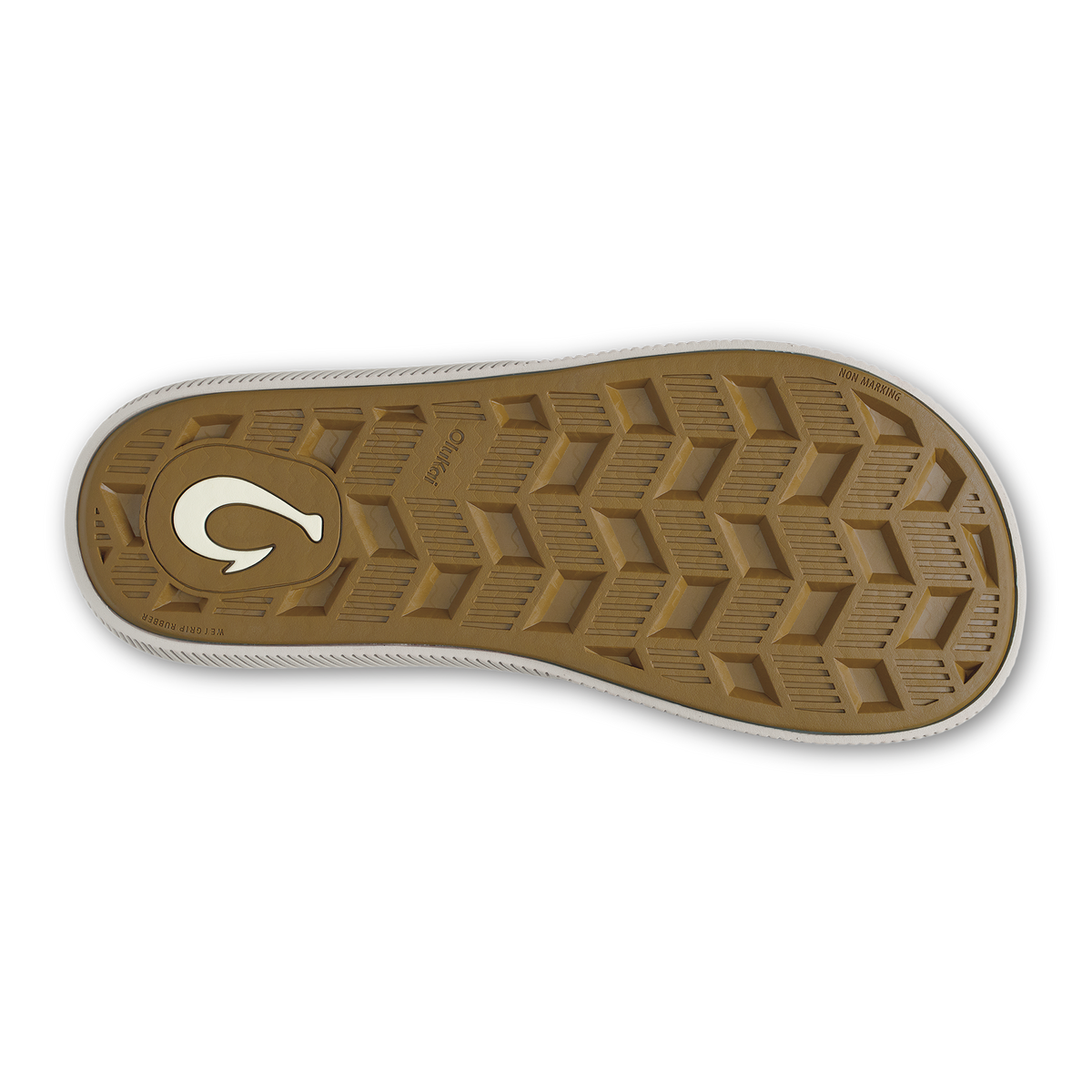 Tan rubber sole with chevron tread pattern and white curved logo detail.