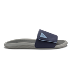 Blue and charcoal slide sandal with gray sole and textured footbed.