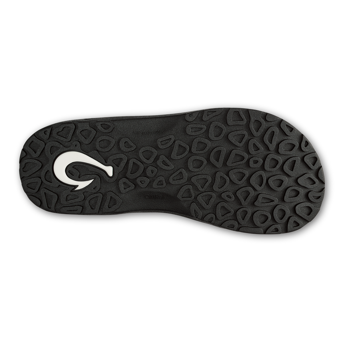 Black sandal sole with geometric tread pattern and white curved logo detail.