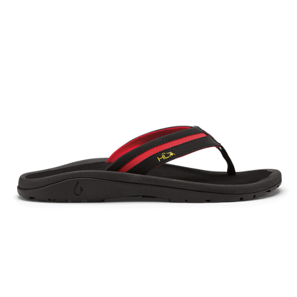 Black flip-flop sandal with red and black striped thong strap and curved black sole.