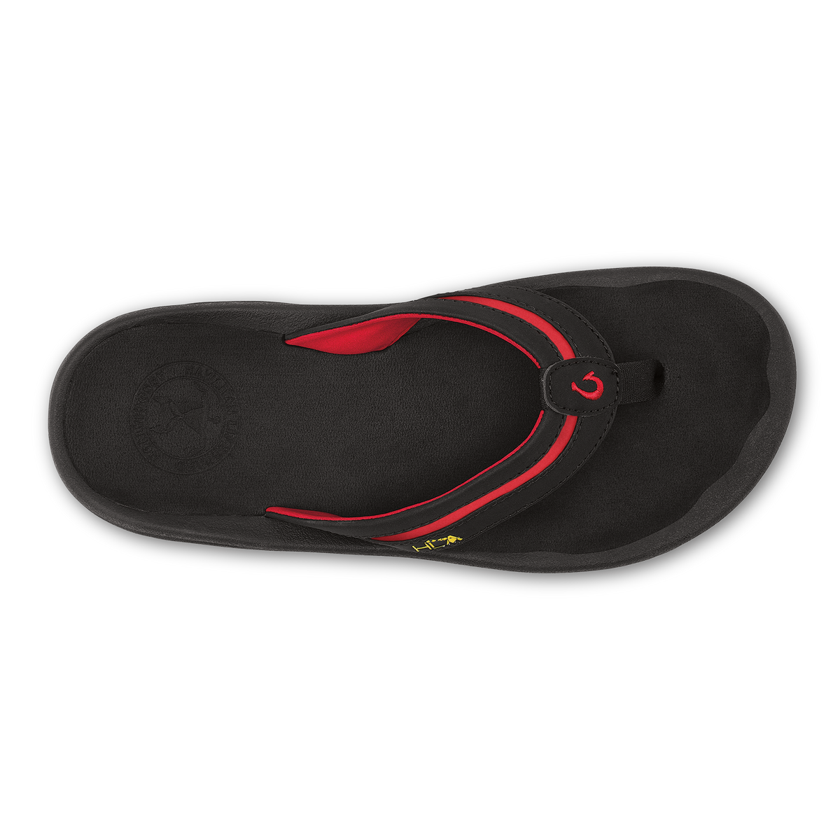 Black flip-flop sandal with red curved strap and toe post, viewed from above.