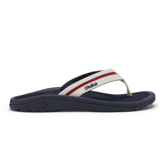 White, navy, and red striped flip-flop sandal with navy sole and Ōhana branding.