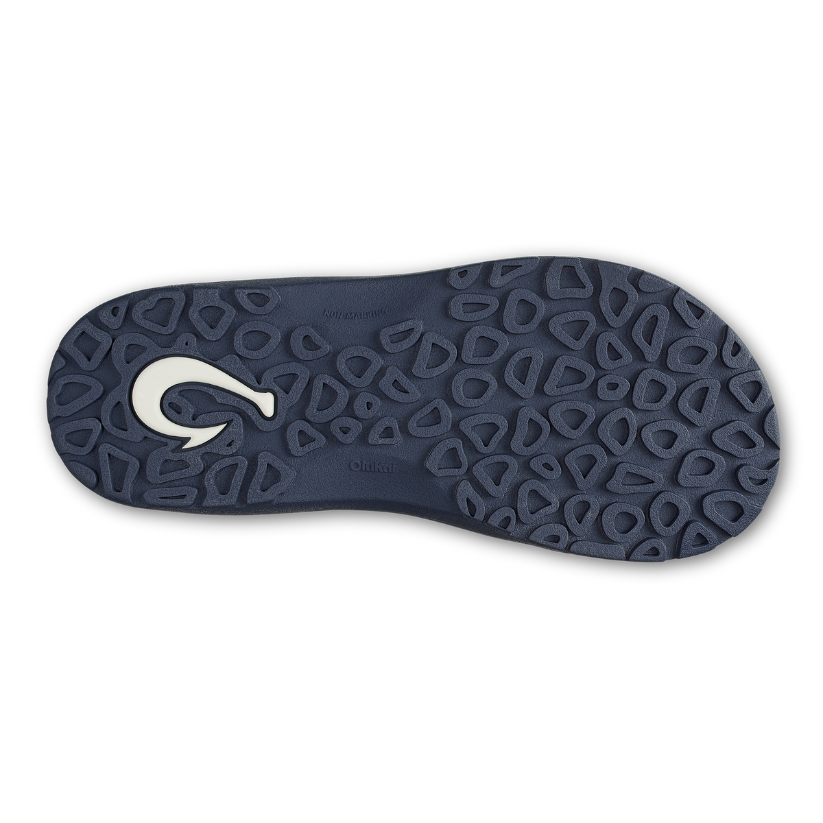 Dark blue sole with geometric tread pattern and white curved logo detail.