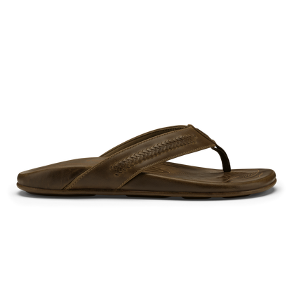 Tan leather flip-flop sandal with woven strap detail and contoured footbed, shown from the side.