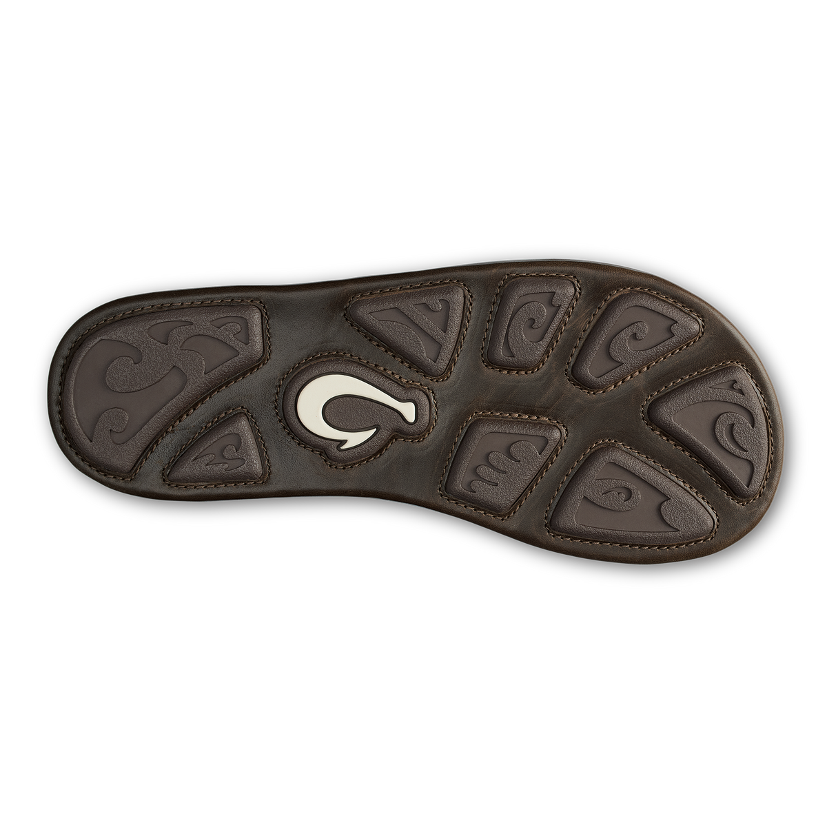 Brown leather sandal sole with embossed design pattern and cream-colored curved logo accent in center.