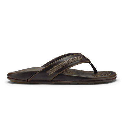 Dark brown leather flip-flop sandal with woven strap detail across the toe and textured sole.