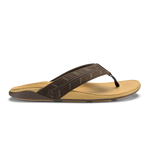 Dark brown and tan thong sandal with textured upper strap and cushioned sole.