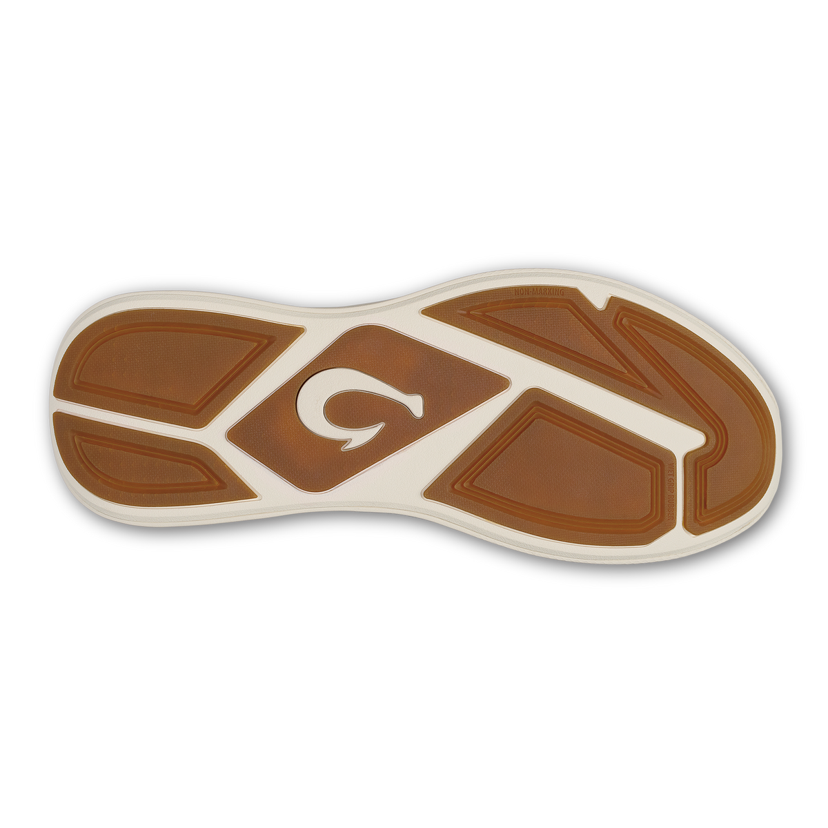 Brown and cream shoe sole with geometric tread pattern and central logo.