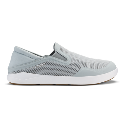 Grey mesh slip-on shoe with white sole and elastic side panels.