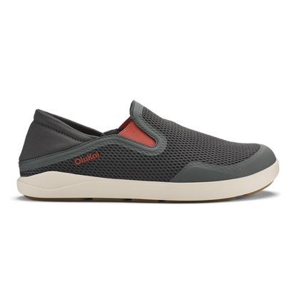 Charcoal mesh slip-on shoe with red accent panel, cream sole, and OluKai branding on side.