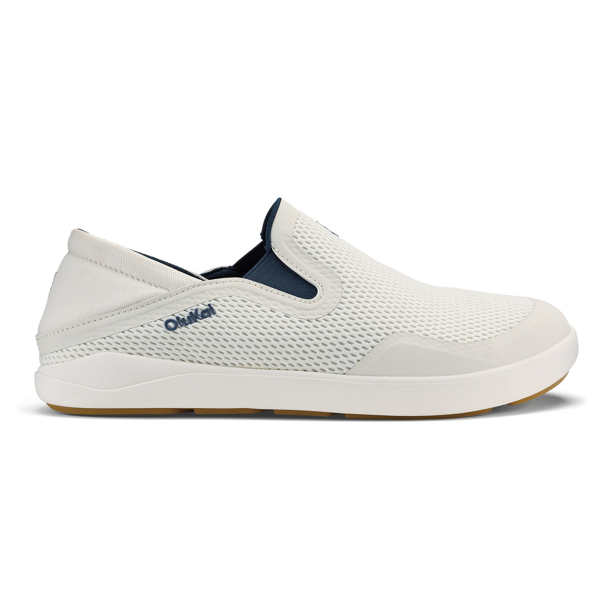 White and navy slip-on shoe with mesh upper and white sole, shown in side profile view.