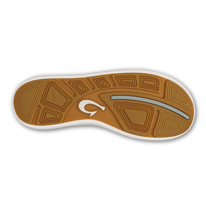 Tan and white sole of slip-on shoe with geometric tread pattern and brand logo.