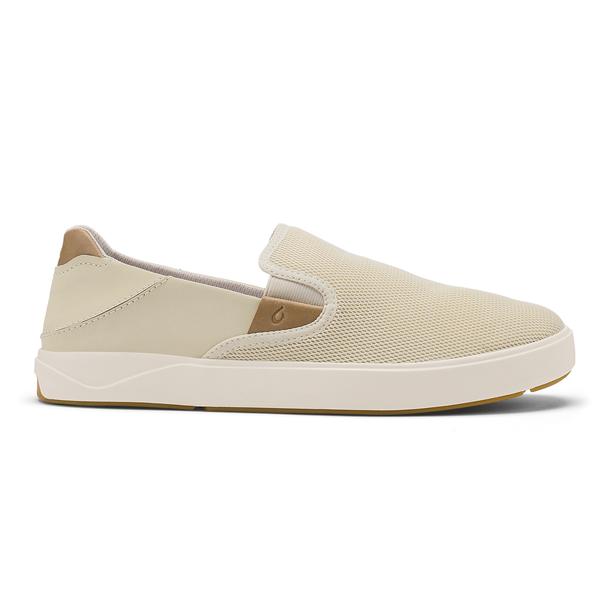 Tan and cream slip-on sneaker with mesh upper, leather heel, and white midsole.