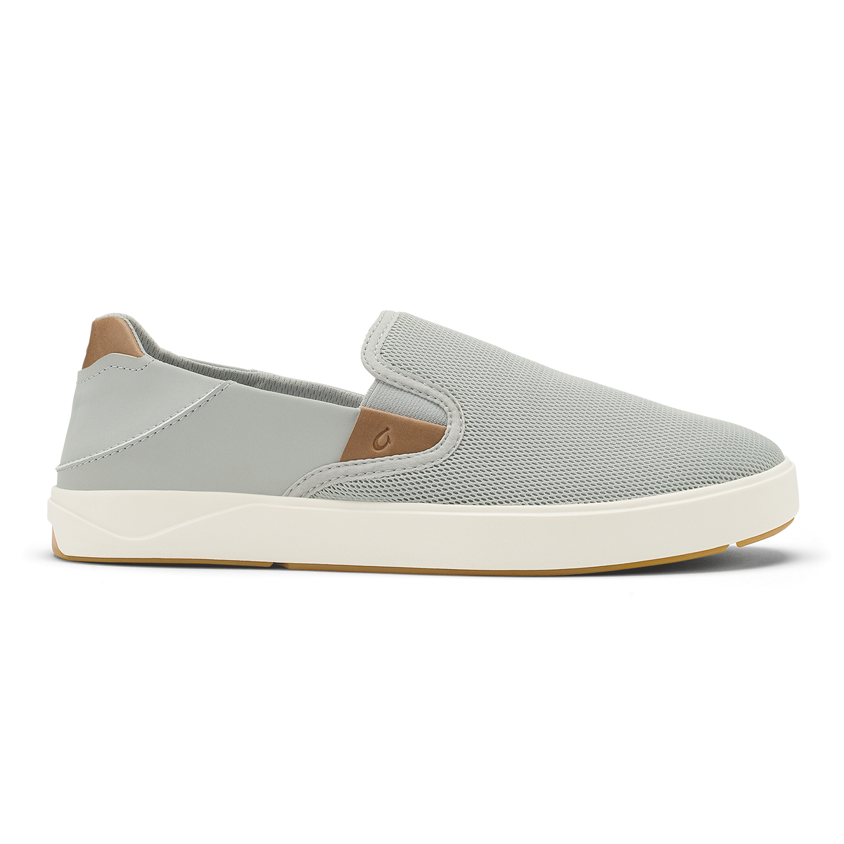 Cloud grey slip-on sneaker with tan heel patch, white midsole, and textured mesh upper.