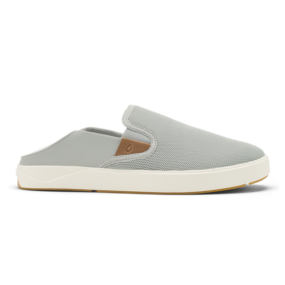 Cloud grey and tan slip-on sneaker with textured upper, cream midsole, and tan heel accent.