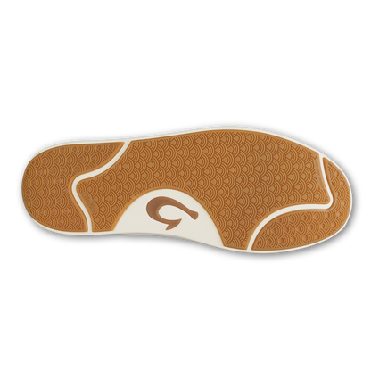 Shoe sole with tan geometric pattern, cream center section, and brown logo.