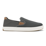 Gray mesh and tan leather slip-on sneaker with white sole and brown heel accent.