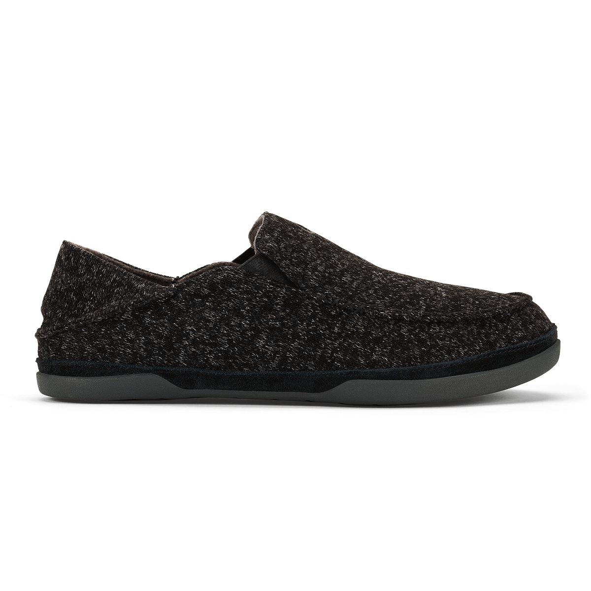 Black knit slip-on slipper with gray sole, shown from the side view.