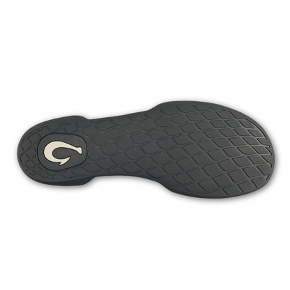 Black shoe sole with quilted tread pattern and white curved logo on heel.