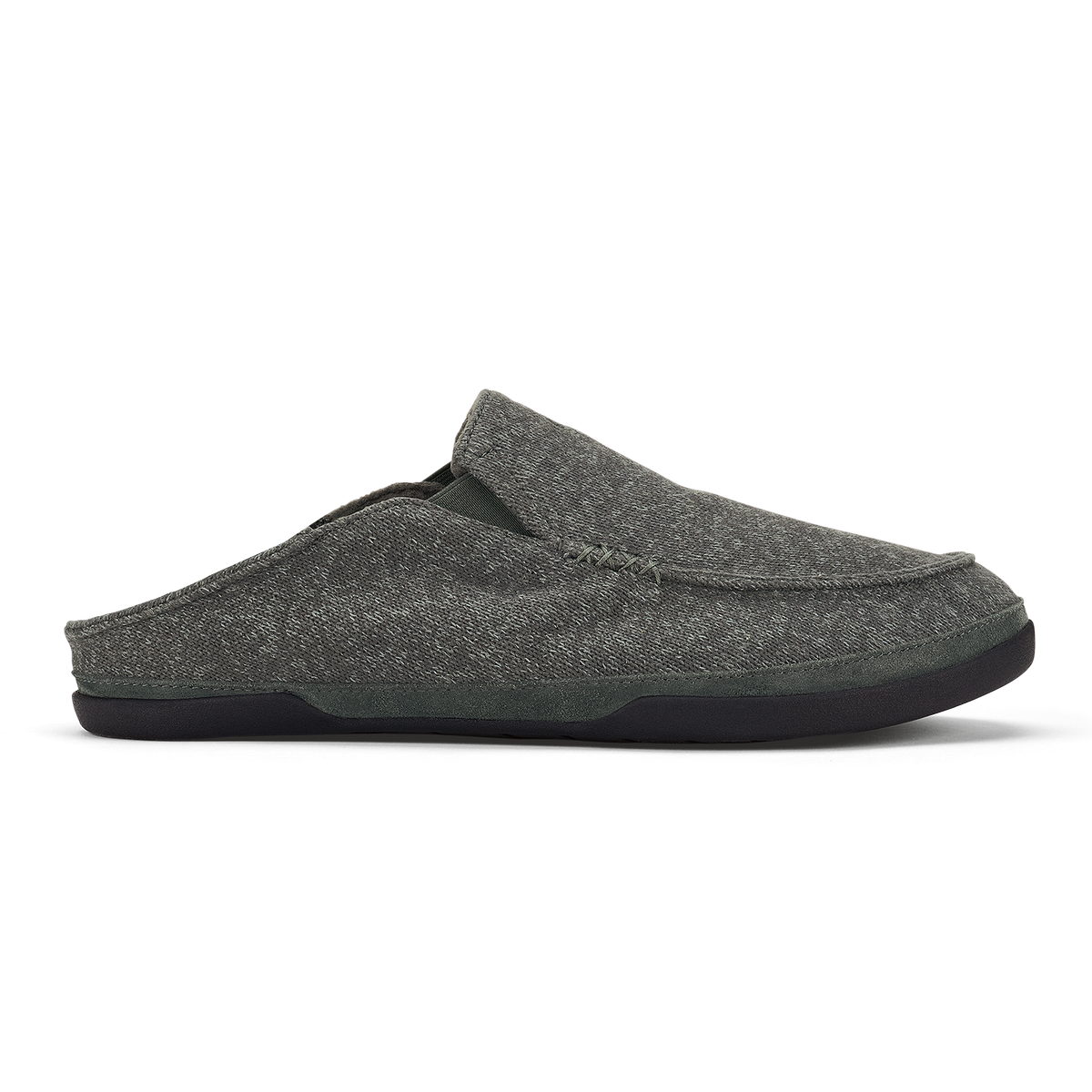 Dark gray heather slip-on slipper with black sole, shown in side profile.