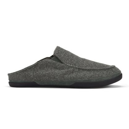 Dark gray heather slip-on slipper with black sole, shown in side profile.