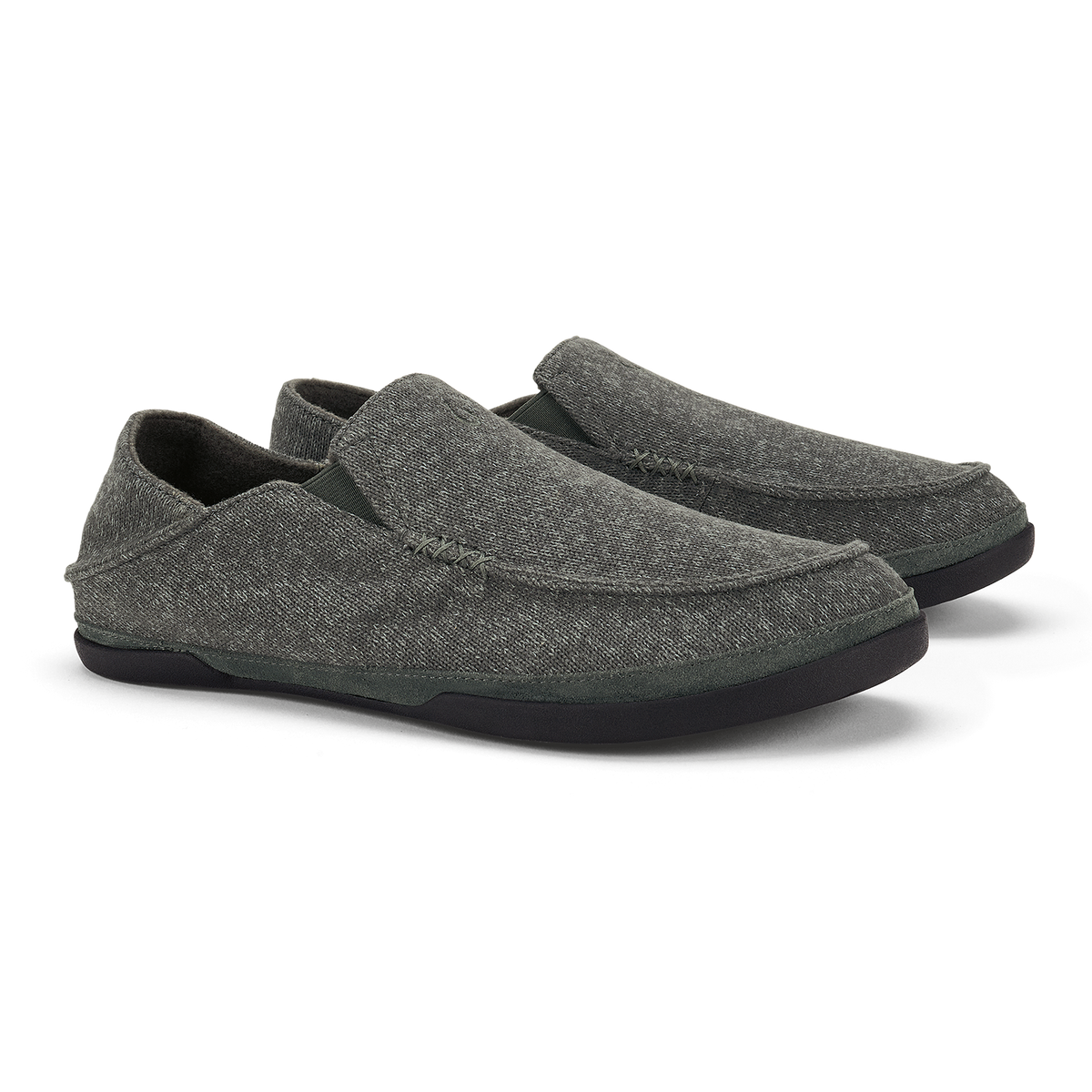 Pair of gray heather slip-on loafers with black rubber soles and cushioned uppers.